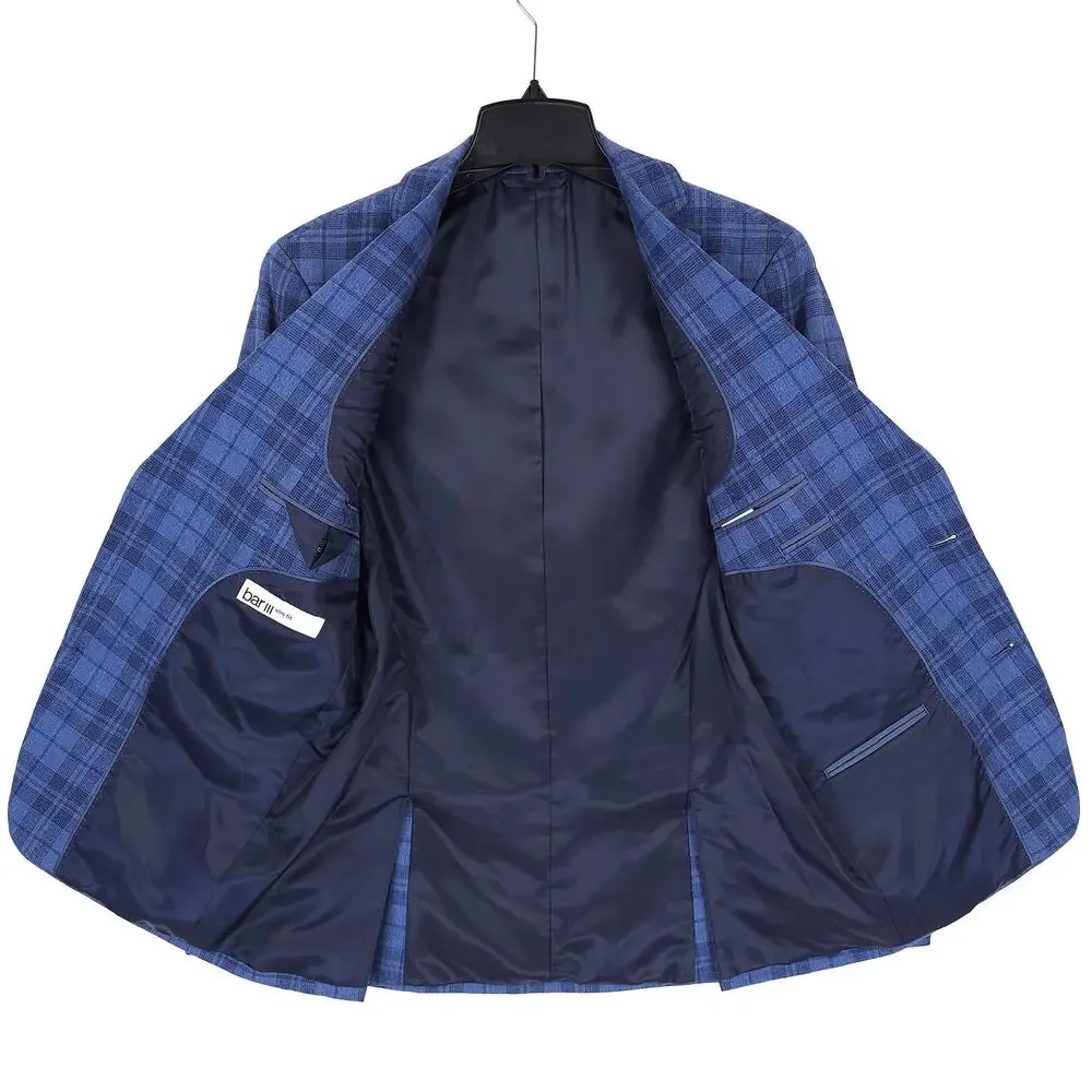 Bar III Mens Slim Fit Sport Coat Blazer 46R Blue Plaid Linen Cotton Blend NWT